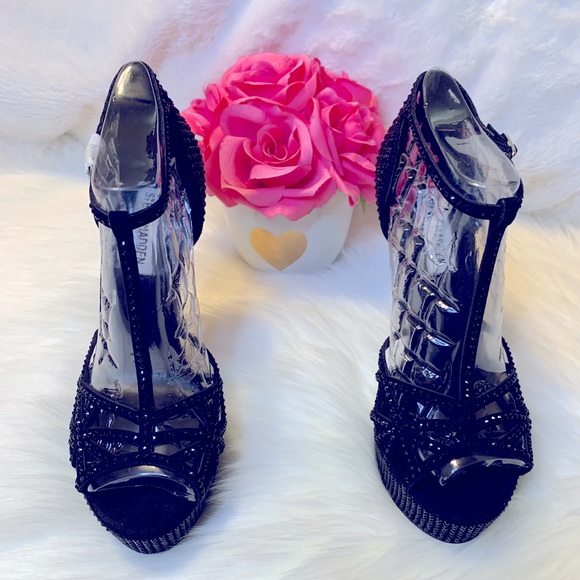 Steve Madden Alianaa T-Strap Black Rhinestones - Picture 1 of 16